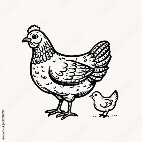Mother hen with her baby chicks. Cartoon funny brown hen with little yellow chicken. Vector cartoon illustration