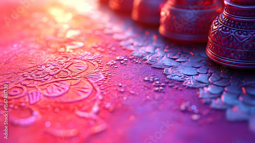 Ornate metal surface with intricate patterns warm and cool lighting