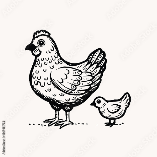 Mother hen with her baby chicks. Cartoon funny brown hen with little yellow chicken. Vector cartoon illustration