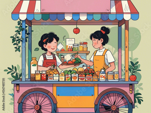 A housewife is choosing food ingredients at a traveling vendor who offers a variety of raw materials.