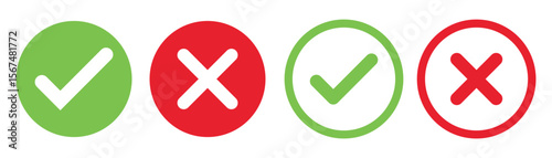 Check mark icon button set. Check box icon with right and wrong buttons and yes or no checkmark icons in green tick box and red cross.