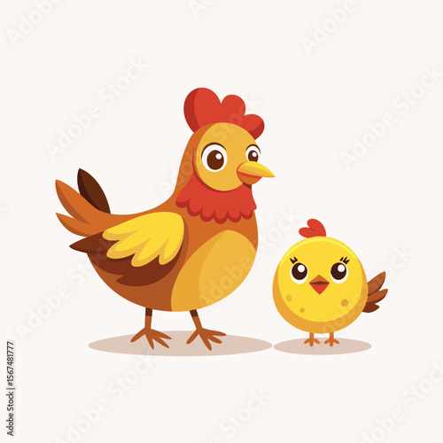 Hen and chicks on nest, Mother and family vector illustration. Isolated on white background.