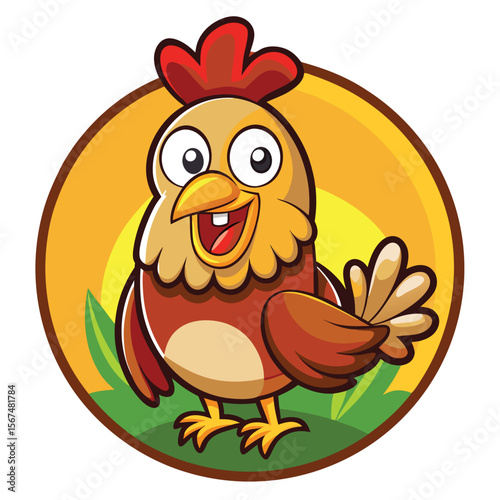 Cartoon funny brown hen with little yellow chicken minimalist head logo, Icon, element. Vector illustration