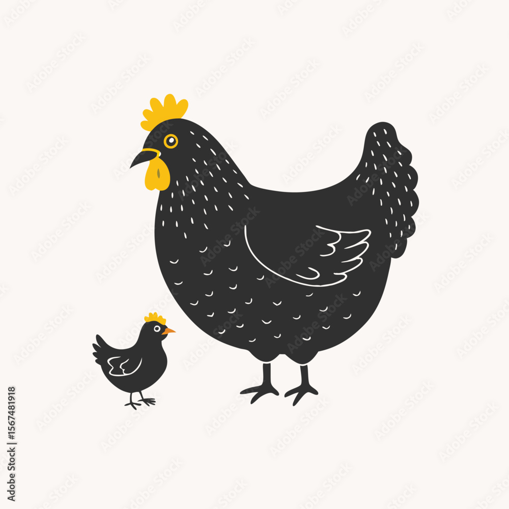 Fototapeta premium Chickens flat vector illustration. Multicolor chicks, hens and and rooster cartoon isolated on Black silhouette transparent background