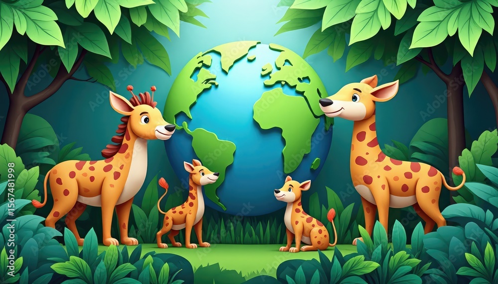 Fototapeta premium Two giraffes stand in a lush jungle scene with a globe.