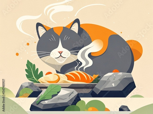 A cat is enjoying eating steamed fish on the rocks.