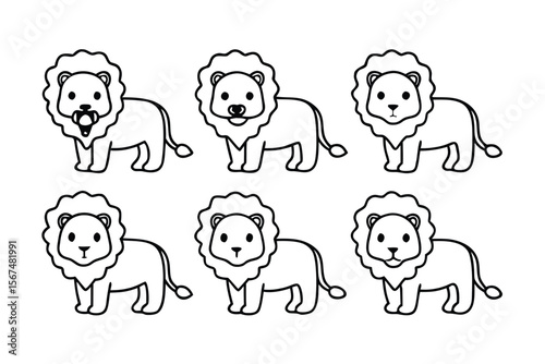 Six line drawing lions with wavy manes line art illustration