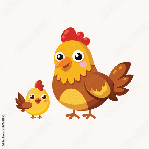 Cartoon funny brown hen with little yellow chicken. Comic trendy flat style with simple gradients Isolated vector illustration