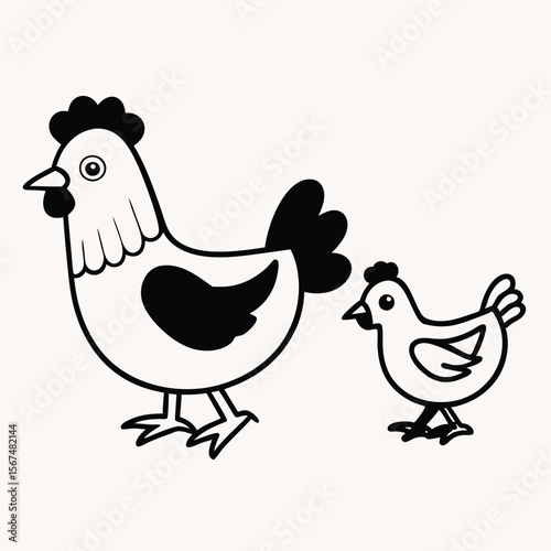 chicken and chicks.Animal silhouettes with linear elements.Farm or home birds isolated on transparent background