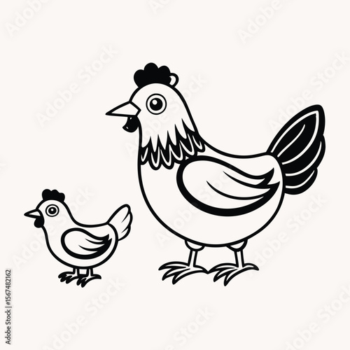 chicken and chicks.Animal silhouettes with linear elements.Farm or home birds isolated on transparent background