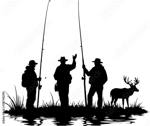 fishing and hunting vector illustration, silhouette, vector, sport, illustration, people, golf, balance, fisherman, fishing, silhouettes, art, tightrope, rope, black, golfer, ski, men, skiing, winter,
