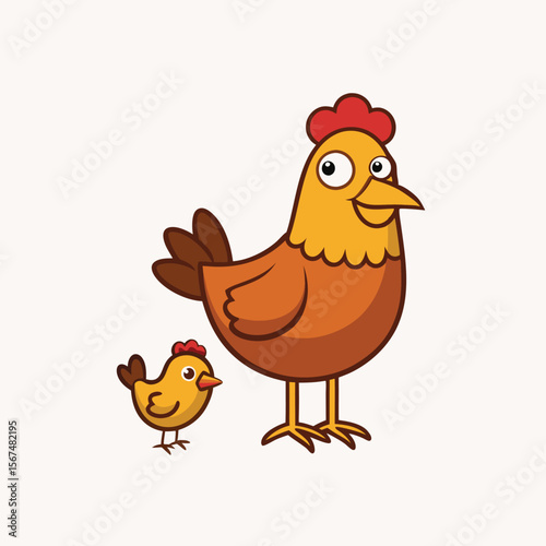 Cartoon funny brown hen with little yellow chicken. Comic trendy flat style with simple gradients Isolated vector illustration