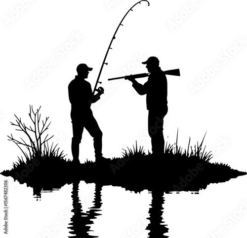 fishing and hunting vector illustration, silhouette, vector, sport, illustration, people, golf, balance, fisherman, fishing, silhouettes, art, tightrope, rope, black, golfer, ski, men, skiing, winter,