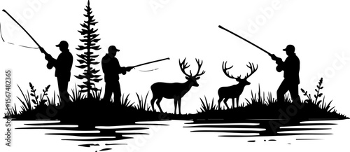 fishing and hunting vector illustration, silhouette, vector, sport, illustration, people, golf, balance, fisherman, fishing, silhouettes, art, tightrope, rope, black, golfer, ski, men, skiing, winter,