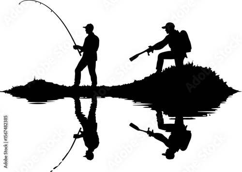 fishing and hunting vector illustration, silhouette, vector, sport, illustration, people, golf, balance, fisherman, fishing, silhouettes, art, tightrope, rope, black, golfer, ski, men, skiing, winter,