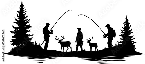 fishing and hunting vector illustration, silhouette, vector, sport, illustration, people, golf, balance, fisherman, fishing, silhouettes, art, tightrope, rope, black, golfer, ski, men, skiing, winter,