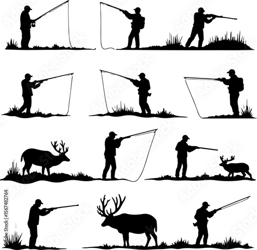 fishing and hunting vector illustration, silhouette, vector, sport, illustration, people, golf, balance, fisherman, fishing, silhouettes, art, tightrope, rope, black, golfer, ski, men, skiing, winter,