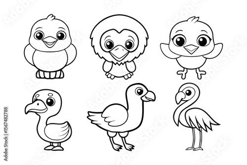 Six cartoon birds in a line chicks duckling