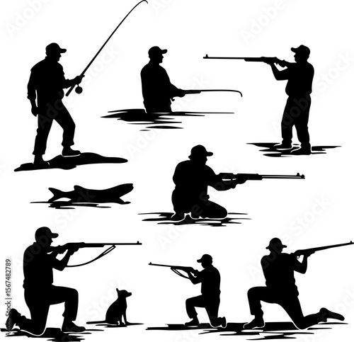 fishing and hunting vector illustration, silhouette, vector, sport, illustration, people, golf, balance, fisherman, fishing, silhouettes, art, tightrope, rope, black, golfer, ski, men, skiing, winter,