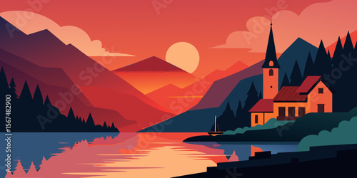 Sunrise or sunset paints a vibrant sky over a serene landscape of mountains, lakes, and rivers, with colorful clouds reflecting on the calm water