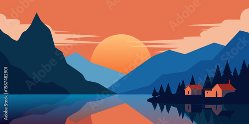 Golden sunset paints a serene mountain landscape with a lake, while mist and clouds drift over distant peaks and a tranquil valley