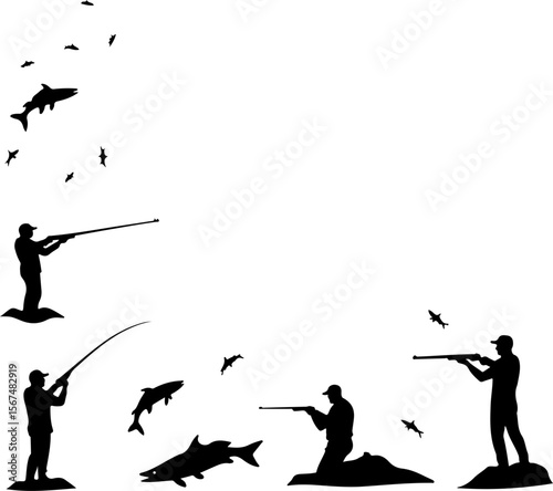 fishing and hunting vector illustration, silhouette, vector, sport, illustration, people, golf, balance, fisherman, fishing, silhouettes, art, tightrope, rope, black, golfer, ski, men, skiing, winter,