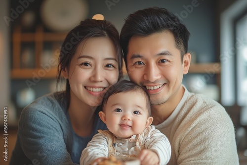 Happy family moment: Asian parents eating breakfast with their young child in the kitchen, Generative AI