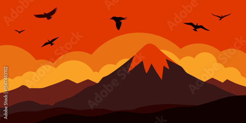 Orange summer sunset in mountains landscape with a red sky, silhouetted hills, and a lone tree