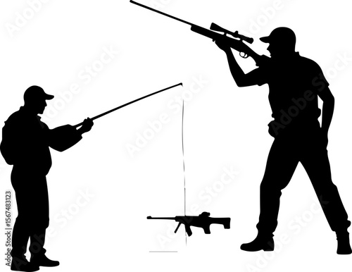 fishing and hunting vector illustration, silhouette, vector, sport, illustration, people, golf, balance, fisherman, fishing, silhouettes, art, tightrope, rope, black, golfer, ski, men, skiing, winter,