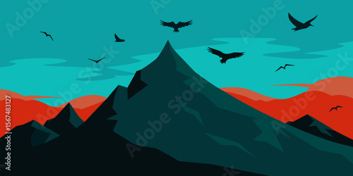 Vector illustration of a nature landscape with mountains, ocean, and a spooky Halloween sky