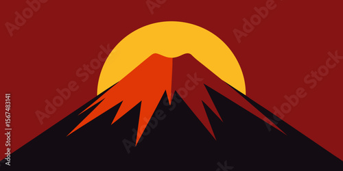 Mountain landscape at sunset with a fiery volcano erupting into the sky, an iconic illustration of nature's powerful design