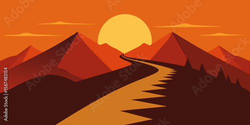 Orange Egyptian desert landscape at sunset with pyramids, mountains, and a camel, a vector travel illustration