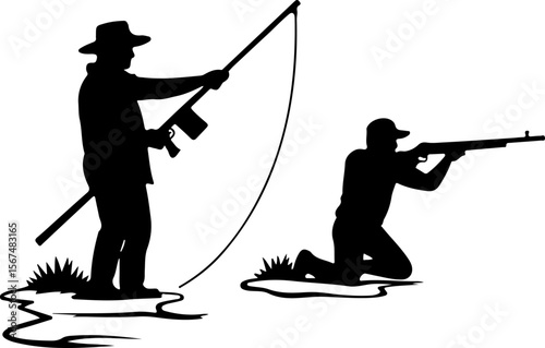 fishing and hunting vector illustration, silhouette, vector, sport, illustration, people, golf, balance, fisherman, fishing, silhouettes, art, tightrope, rope, black, golfer, ski, men, skiing, winter,