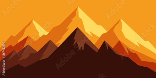 Vector illustration of a scenic mountain landscape with a fiery sunset sky