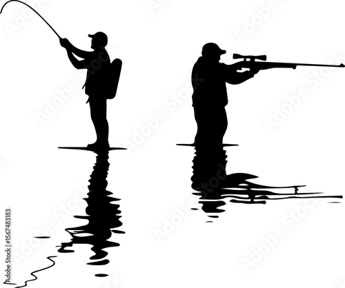 fishing and hunting vector illustration, silhouette, vector, sport, illustration, people, golf, balance, fisherman, fishing, silhouettes, art, tightrope, rope, black, golfer, ski, men, skiing, winter,