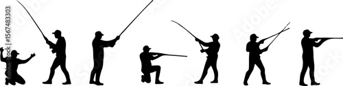 fishing and hunting vector illustration, silhouette, vector, sport, illustration, people, golf, balance, fisherman, fishing, silhouettes, art, tightrope, rope, black, golfer, ski, men, skiing, winter,