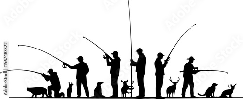 fishing and hunting vector illustration, silhouette, vector, sport, illustration, people, golf, balance, fisherman, fishing, silhouettes, art, tightrope, rope, black, golfer, ski, men, skiing, winter,