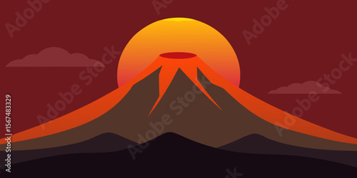 Desert sunset over a mountain landscape with a volcanic silhouette and orange sky