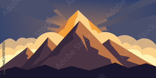 Golden desert sunset with Egyptian pyramids and camel silhouettes in a vast mountain landscape vector illustration