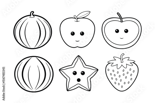 Watermelon apple star fruit strawberry line art vector