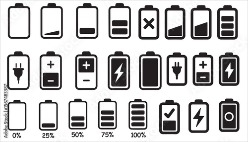 Battery Icon Set – Charge Levels, Status, and Power Indicators