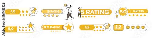Five star rating system element with decorative band isolated on transparent background