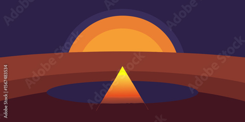 

A vector illustration of an Egyptian desert landscape at sunset, featuring pyramids and a vibrant orange sky over distant mounta