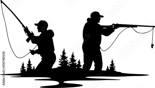 fishing and hunting vector illustration, silhouette, vector, sport, illustration, people, golf, balance, fisherman, fishing, silhouettes, art, tightrope, rope, black, golfer, ski, men, skiing, winter,