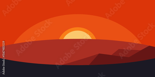 Sunset desert landscape vector illustration with mountains, a lone tree silhouette, and a camel on the sand
