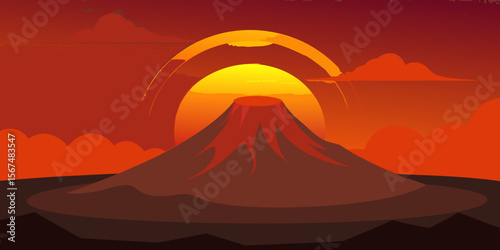 A breathtaking mountain landscape captures the vibrant hues of a sunset over the peaks, reflecting in a serene lake
