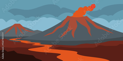 Dramatic volcano peak under a fiery sunset sky, casting a red and orange glow over the mountain landscape with clouds and mist