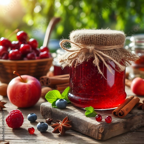 Homemade Strawberry Jam in Rustic Glass Jar on Wooden Table Outdoors