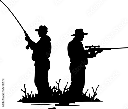 fishing and hunting vector illustration, silhouette, vector, sport, illustration, people, golf, balance, fisherman, fishing, silhouettes, art, tightrope, rope, black, golfer, ski, men, skiing, winter,