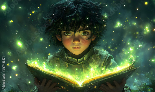 Boy Reading a Magical Book with Glowing Light and Sparkling Part